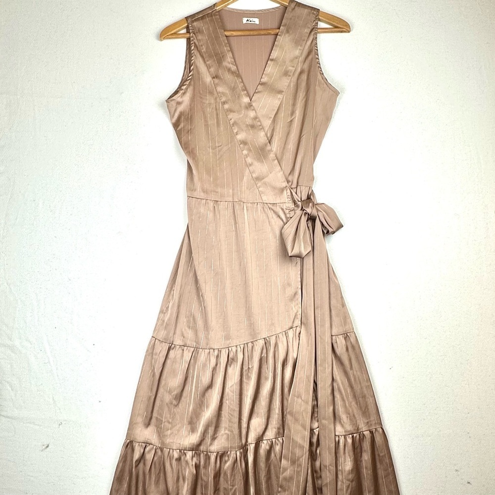 Kain Sleeveless Metallic Stripe Wrap Tiered Satin Dress